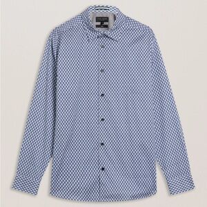 Ted Baker London Modern Fit Button Down Shirt White Blue Geometric Size 16.5